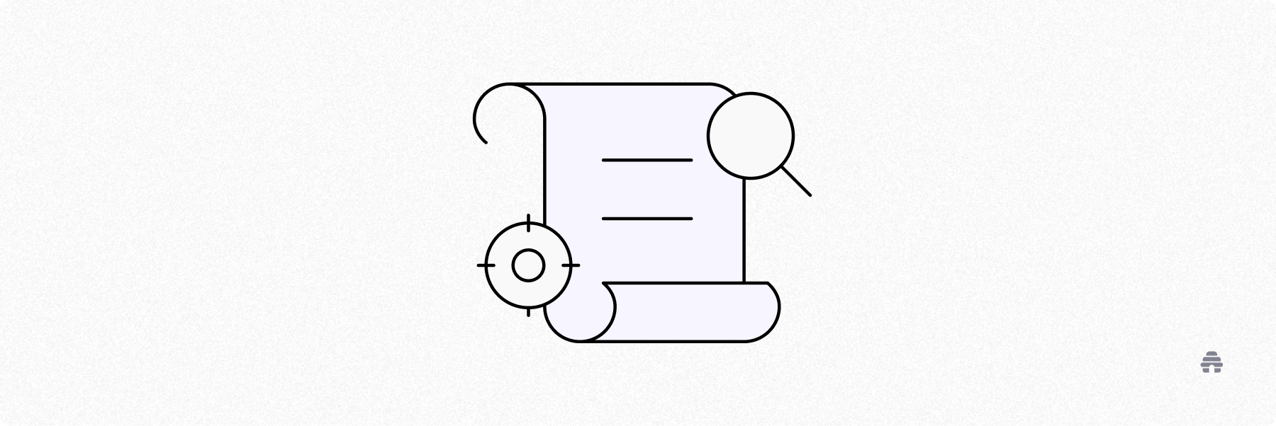 Scroll with a magnifying glass and target icon, representing how creators can audit performance and optimize content using beehiiv’s analytics tools.