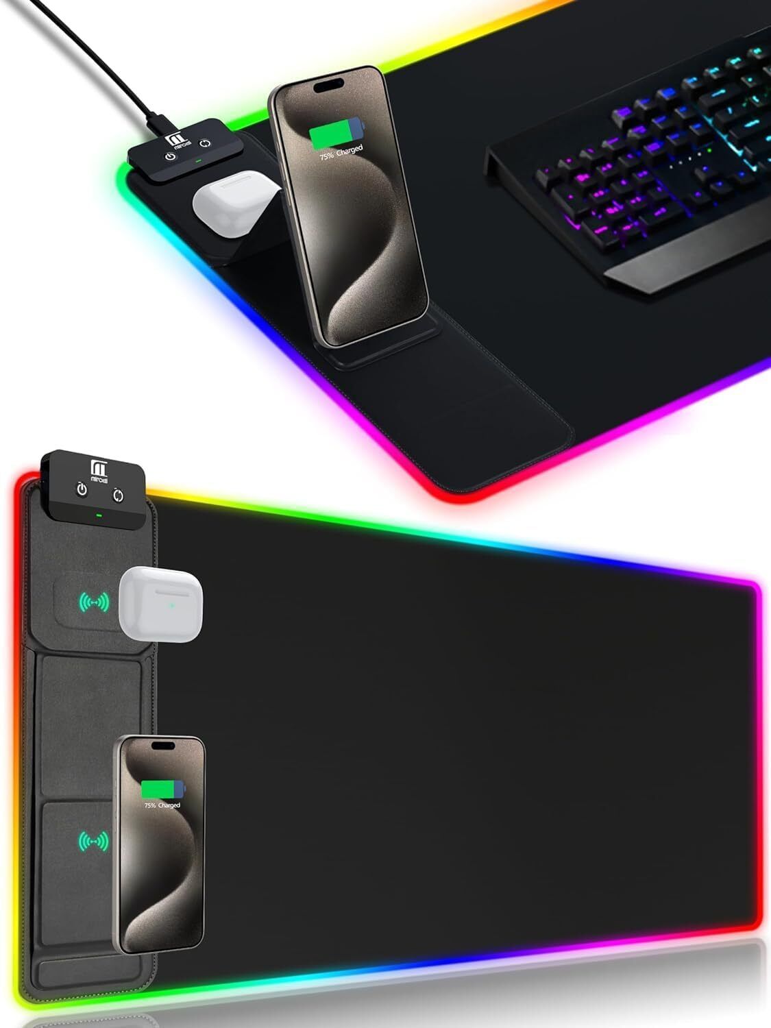 Mousepad with Built-In Wireless Charger Alt text: Dual-function mousepad featuring a built-in wireless charger, combining smooth gaming control with convenient phone charging.