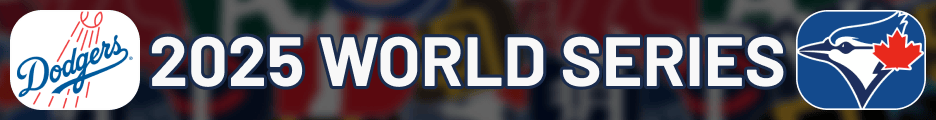 "2025 World Series" in white in between the Dodgers and Blue Jays logos