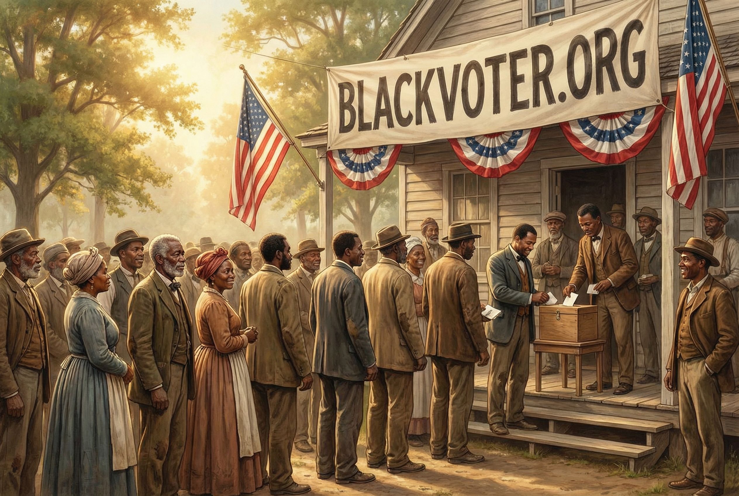 A historically accurate image depicting newly emancipated African Americans voting for the first time after the Civil War. The scene is filled with a sense of hope and determination, with voters dressed in period-specific attire. The background features a