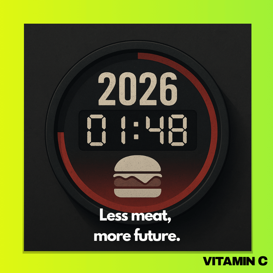 A digital countdown timer showing the year 2026 with a burger icon, symbolizing the urgent climate deadline to reduce meat consumption - taken from Vitamin C newsletter, written by Lia Carlucci