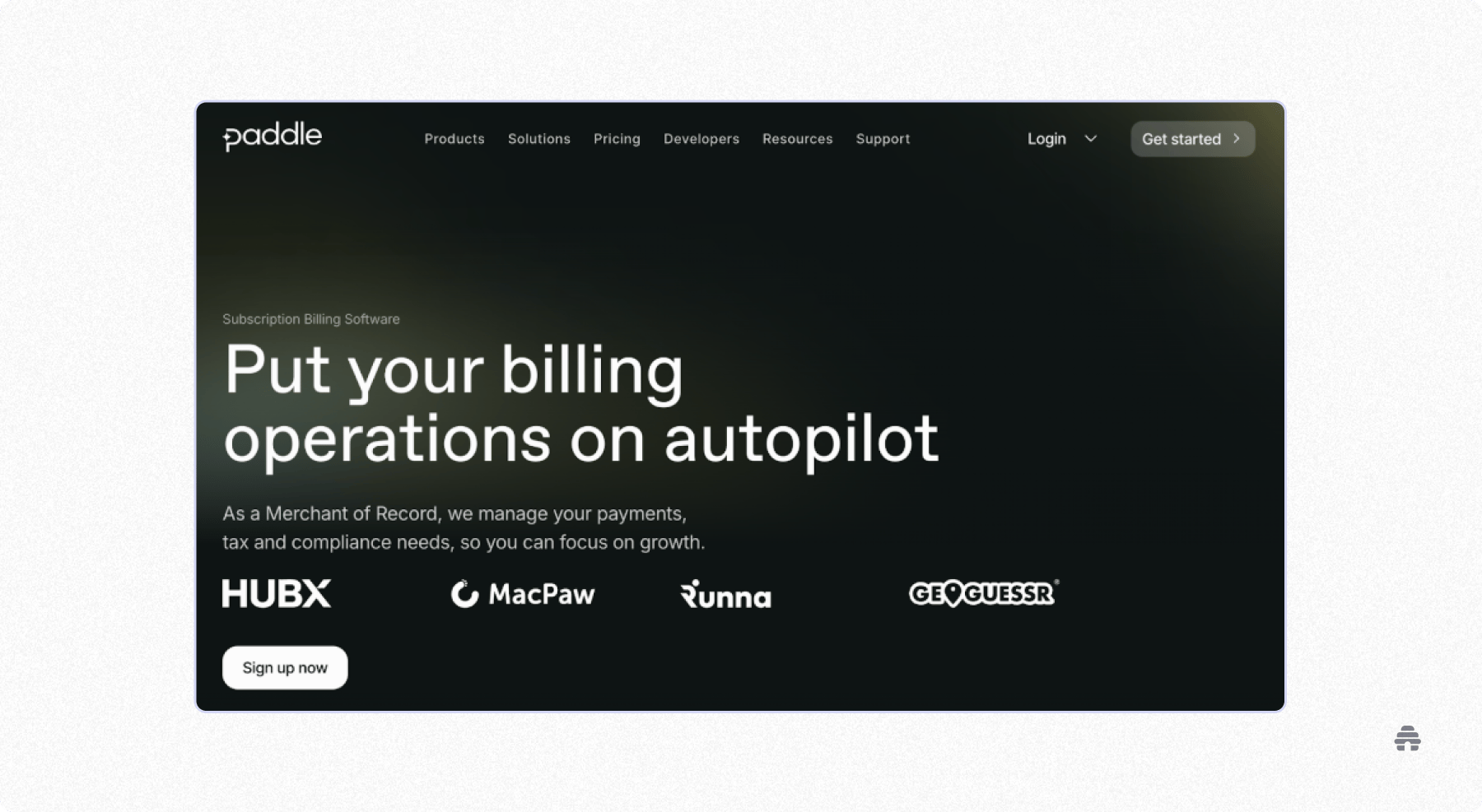Screenshot of Paddle’s website promoting subscription billing software, highlighting automated payments, tax, and compliance handling for SaaS businesses.