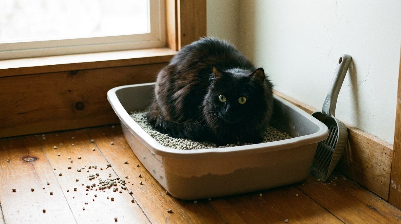 black cat in litter box