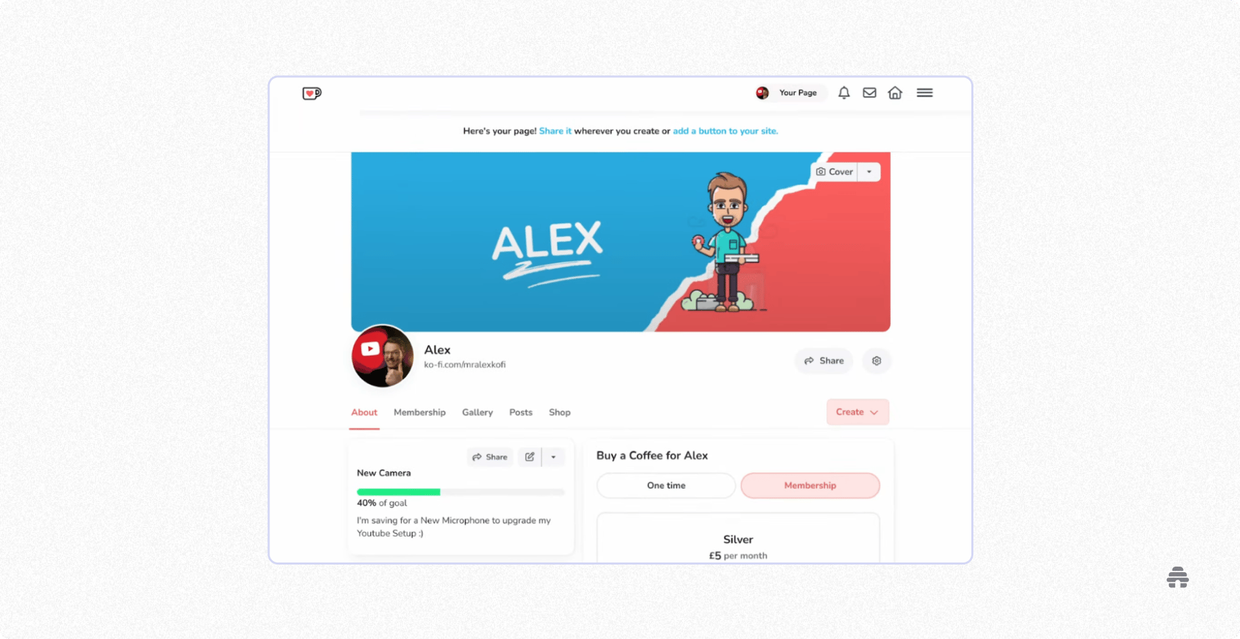 Ko-fi creator page for “Alex” showing profile, membership tiers, and donation options for supporters to fund content.