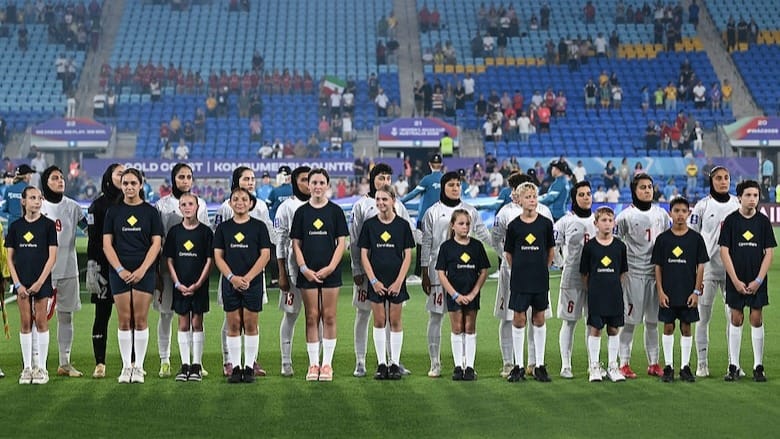  Islamic Republic of Iran players take part in anthems during the AFC Women's Asian Cup Australia 2026 match between Korea Republic v Islamic Republic of Iran