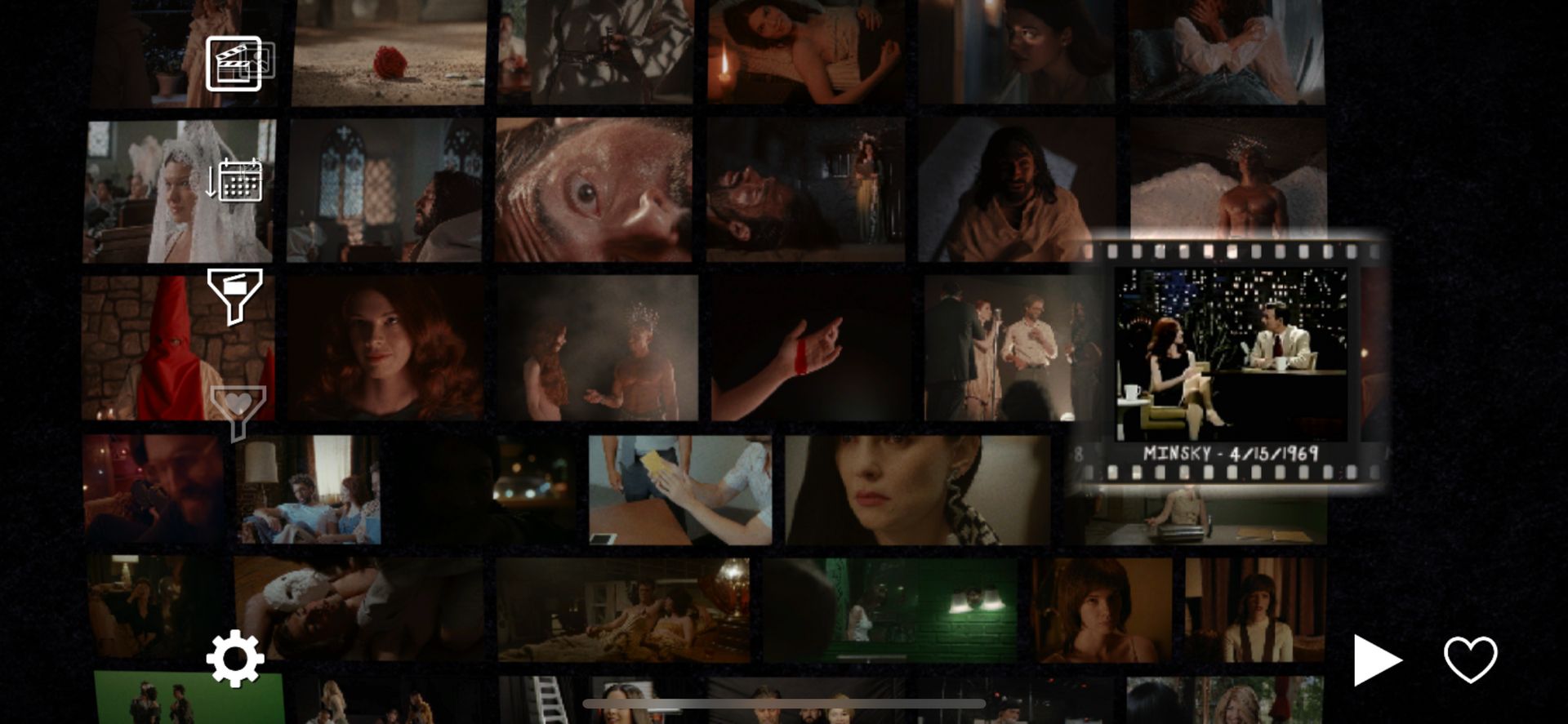 Page for selecting video clips, showing he clips arranged in rows. One clips is highlighted for selection.