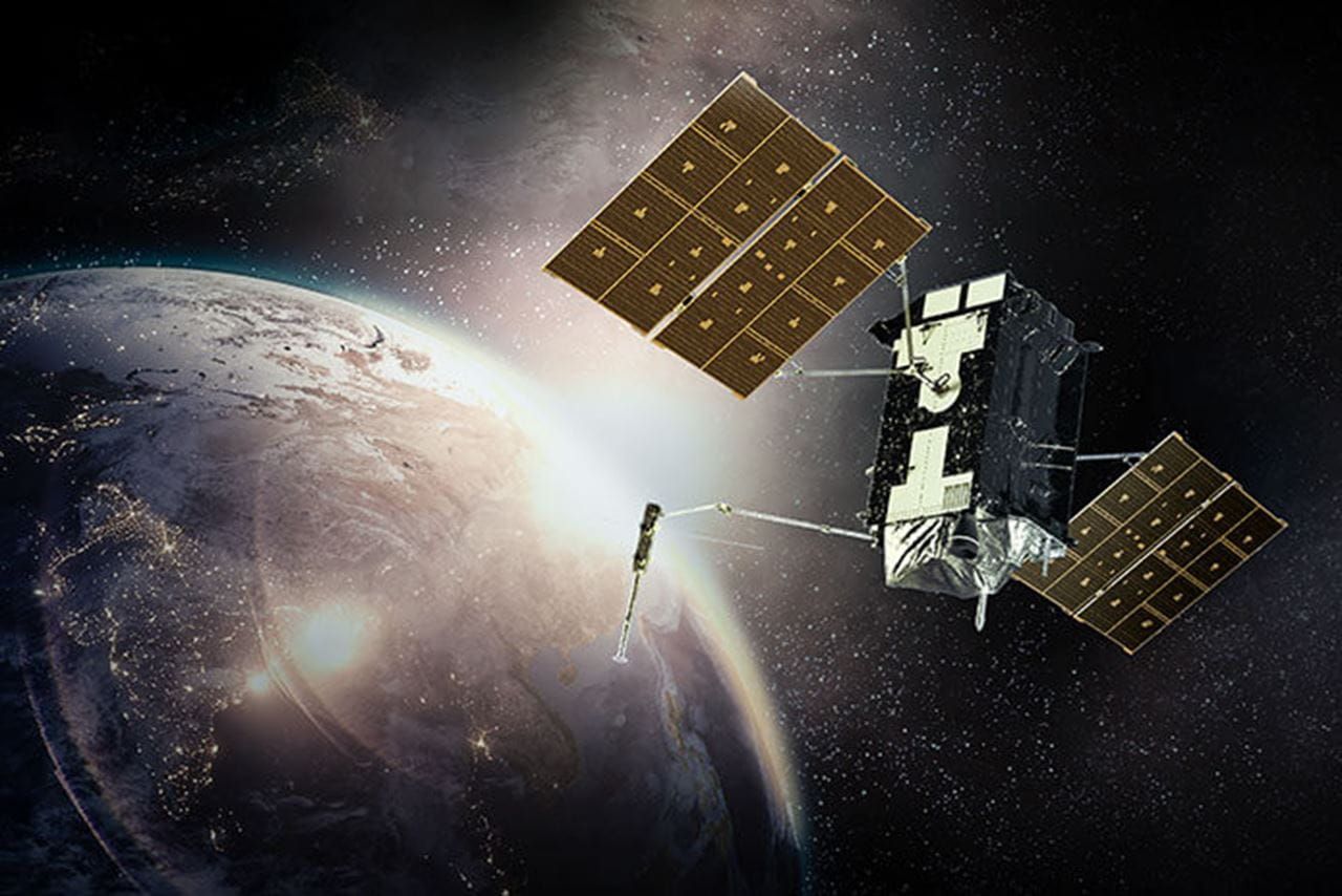A rendering of a GPS satellite.
