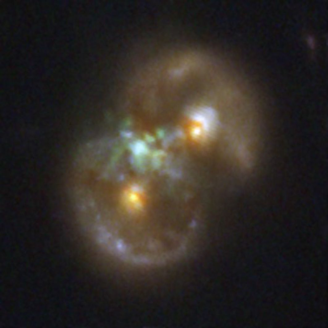 NASA’s James Webb Space Telescope has identified a supermassive black hole in a galaxy formed by the collision of two spirals—dubbed the “Infinity Galaxy.” Unusually, the black hole sits between the galactic cores, not within either, suggesting it may have formed directly from a collapsing gas cloud. This supports the “heavy seed” theory of black hole formation, offering a possible explanation for the rapid emergence of massive black holes in the early universe. Follow-up data confirms active growth and surrounding ionized gas. This NIRCam image from NASA’s James Webb Space Telescope shows the Infinity Galaxy—a merger of two spiral galaxies—featuring dual stellar rings and yellow-colored galactic nuclei. Ionized hydrogen appears in green between the galaxies, where astronomers have identified a million-solar-mass black hole possibly formed through direct collapse. The image maps near-infrared light with blue (0.9 microns), green (1.15–1.5 microns), and red (2.0 microns) filters. 