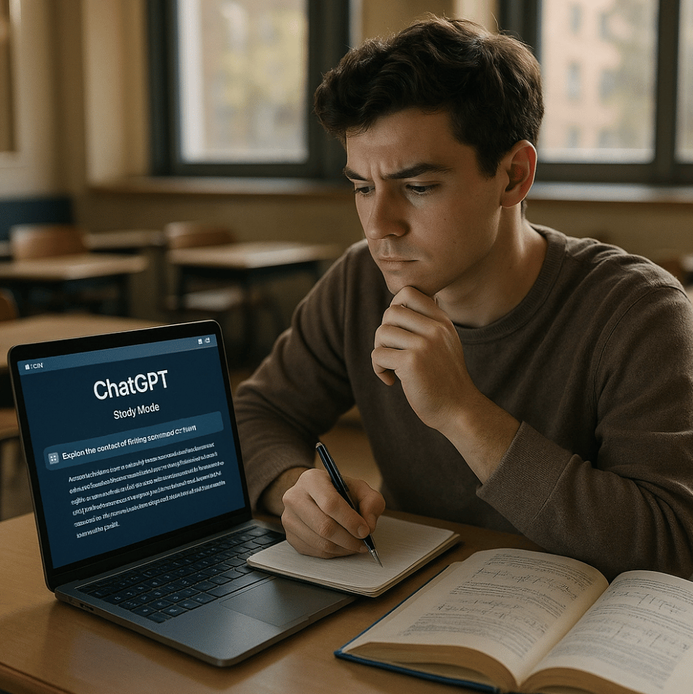 A young male student sits alone in a classroom, intensely focused on a laptop running ChatGPT Study Mode. He rests his chin on one hand while taking notes with the other, a textbook open beside him. The laptop screen displays a study prompt with structured educational content, reinforcing independent learning. The classroom is softly lit with natural light, evoking a calm, reflective study environment. The image highlights how AI tools like Study Mode can support students in mastering difficult subjects at their own pace.