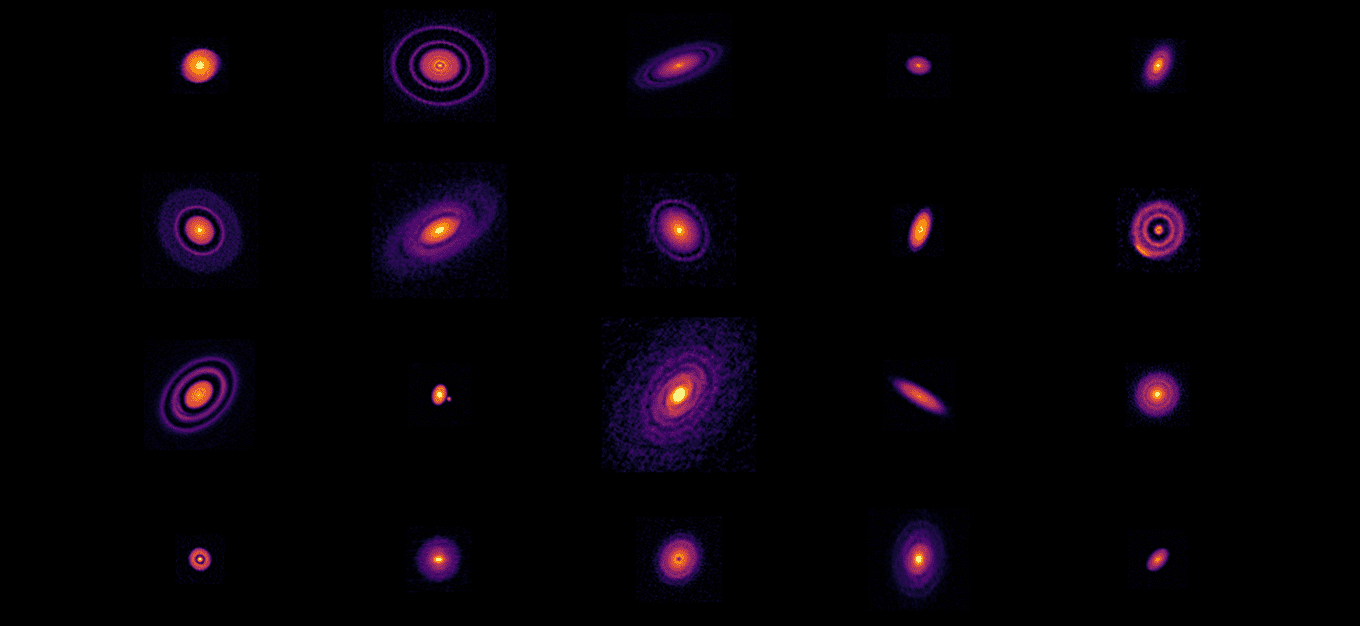 Images of 20 protoplanetary discs taken by ALMA Radio telescope array in Chile.