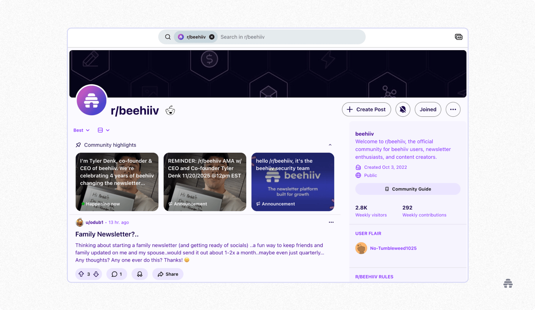 Screenshot of the r/beehiiv subreddit showing community posts, announcements, and discussions for newsletter creators using beehiiv. The page highlights the official beehiiv community hub for sharing updates, questions, and best practices