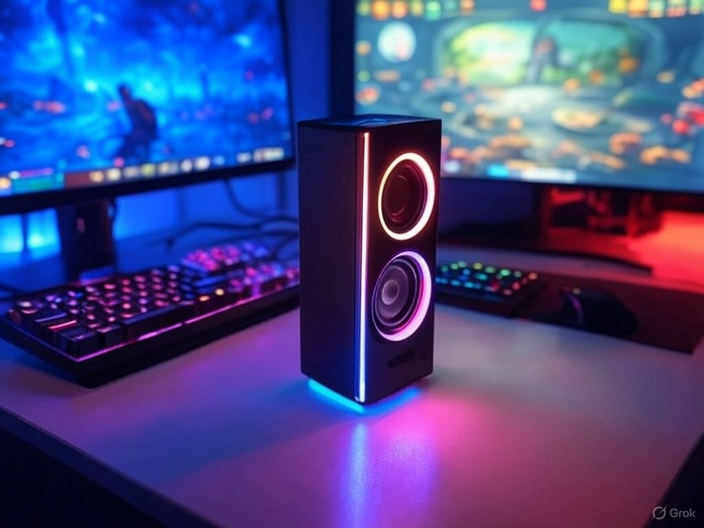 A sleek gaming speaker with glowing RGB accents in red, blue, and purple sits on a modern desk, part of a gaming setup with an RGB keyboard and mouse. A monitor displays a vibrant game world with a futuristic blue landscape. The dimly lit room is illuminated by dynamic blue and red lighting, capturing the festive thrill of Christmas gaming, in a 16:9 aspect ratio.