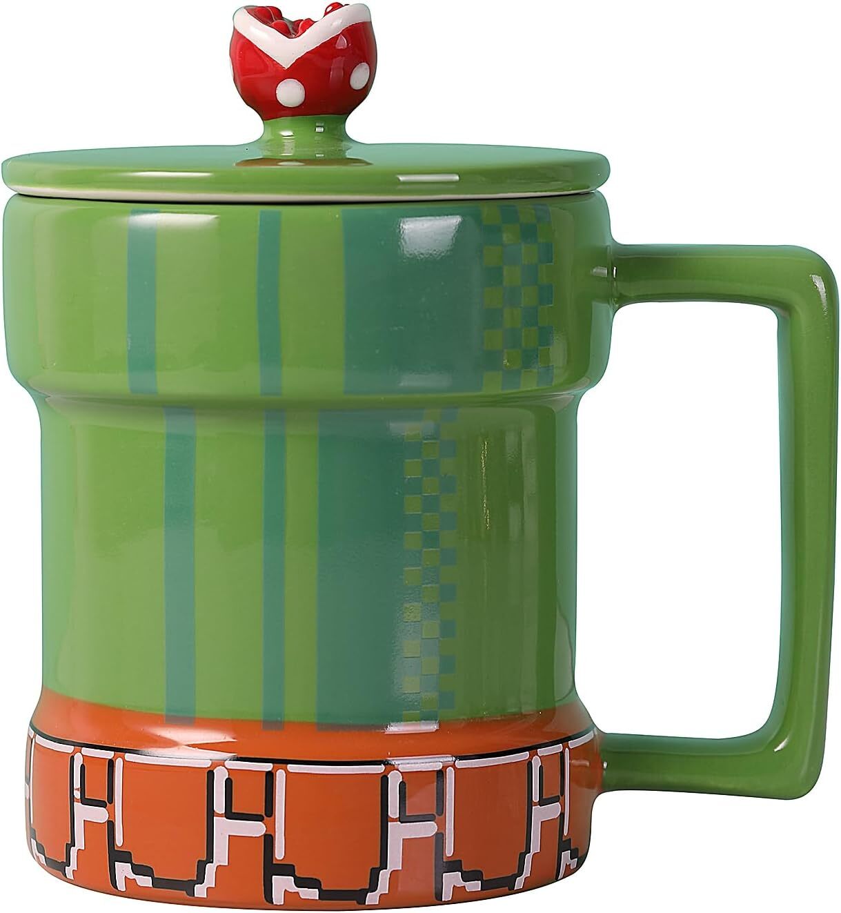 Warp Pipe Mug – A Power-Up for Your Morning Routine Alt text: Ceramic 12 oz mug shaped like a green warp pipe from Super Mario, featuring a matching lid, perfect for nostalgic coffee-drinking gamers.
