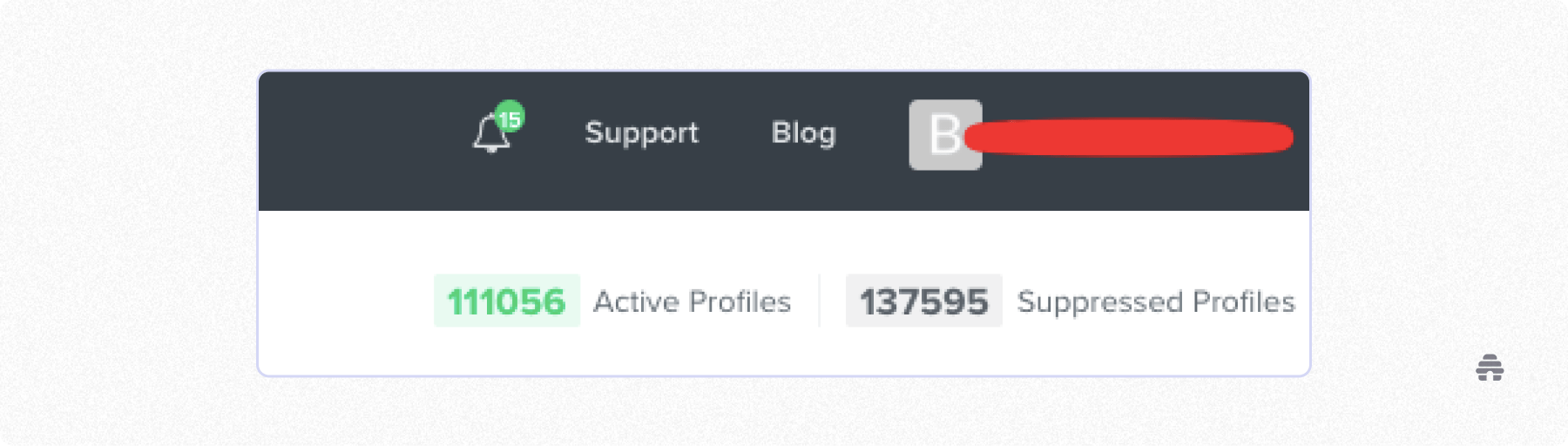 Dashboard header showing support and blog links with account notifications, followed by a stats panel displaying 111,056 active profiles and 137,595 suppressed profiles for a newsletter or creator account, likely on beehiiv.