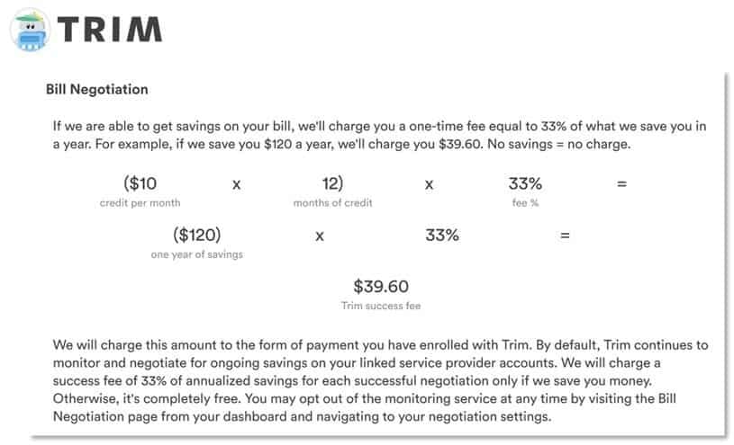How Trim charges for their bill negotiation service