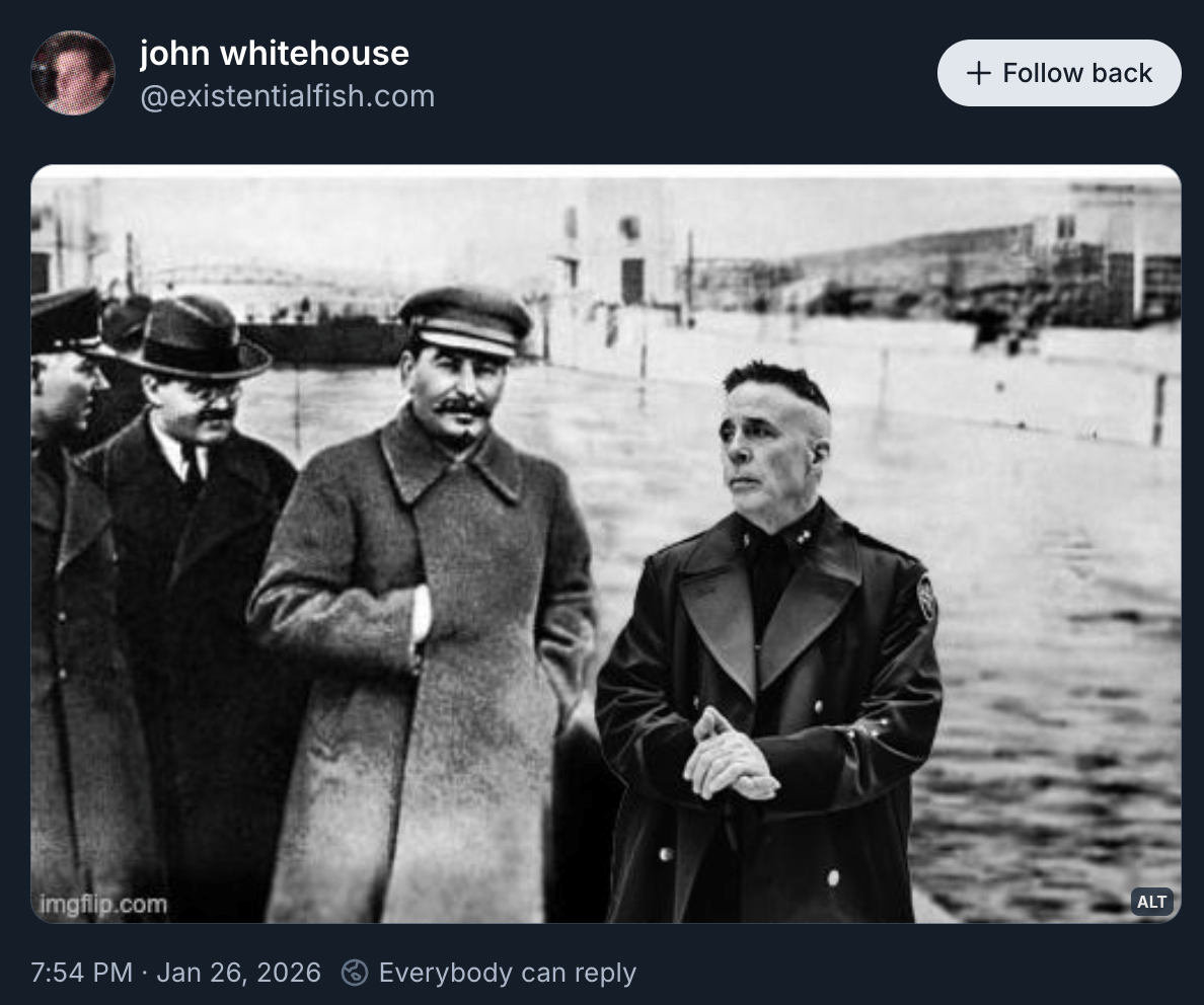 john whitehouse posted the famous “the commissar vanishes” picture of Stalin, with Greg Bovino in the role of Soviet secret police commissar Nikolai Yezhov. It’s actually incredible what a 1-to-1 historical and visual parallel this is.