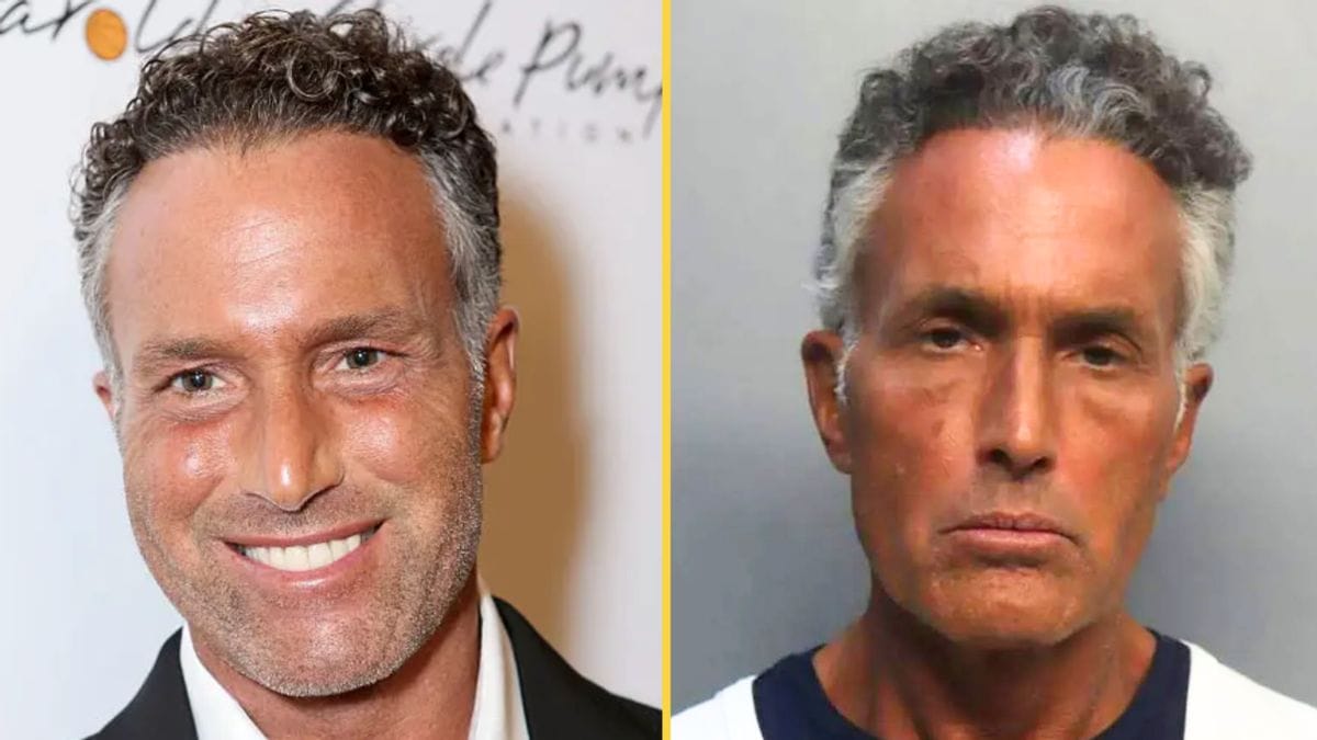 Two images of the same man are shown. On the left, the man is smiling and appears to wear a black suit. On the right, the man is much more stone-faced, with his hair looking more gray than the other photo. A yellow line divides the two photos.