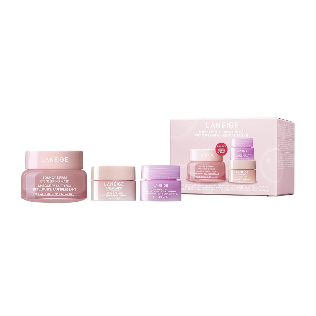 LANEIGE Lip Sleeping Mask Small pink jar of LANEIGE lip mask with glossy finish, styled beside a cozy bed setup, hinting at its overnight hydration use.