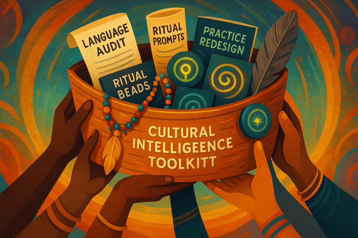 Many hands passing a toolkit overflowing with ritual objects, scrolls, and glowing spiral symbols, each labelled.