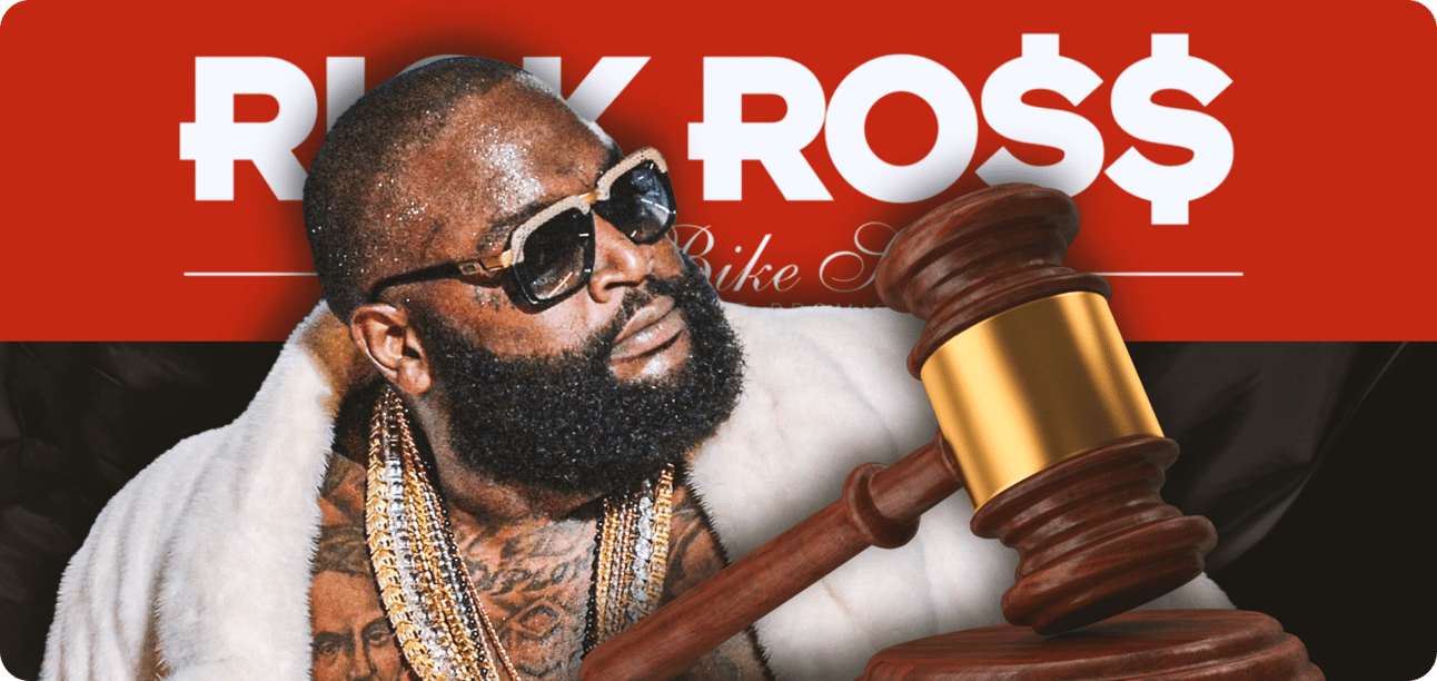 Rick ross, the poster for his car show and a legal gavel.