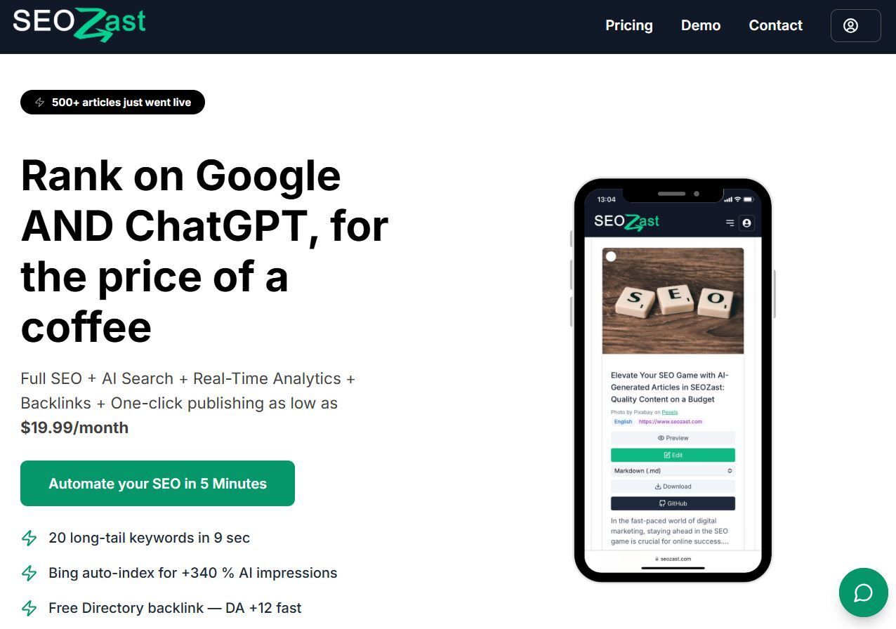 SEOzast software landing page screenshot showing features and phone app demo.