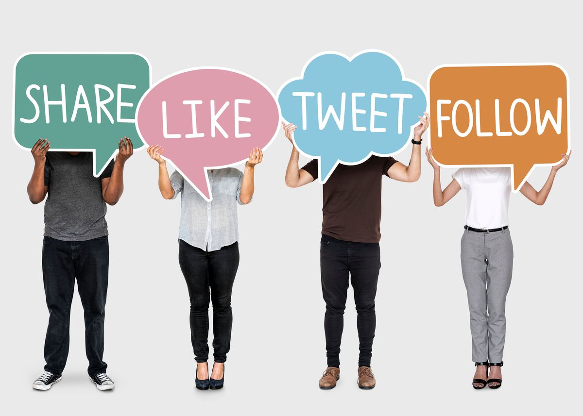People stand in a row holding up variously colored signs shaped like speech bubbles. The signs, which hide the people’s faces and display one word each, read share like tweet follow.