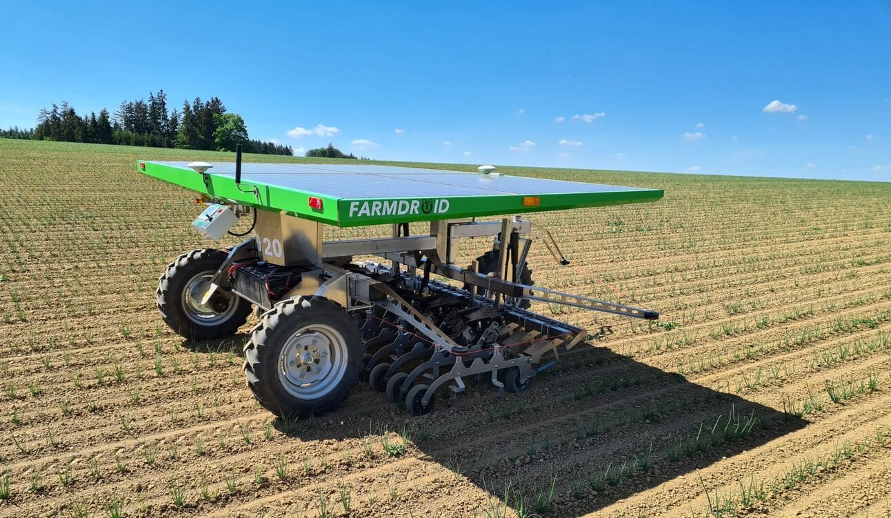 FarmDroid's FD20 autonomous planting droid in action on a farm field.