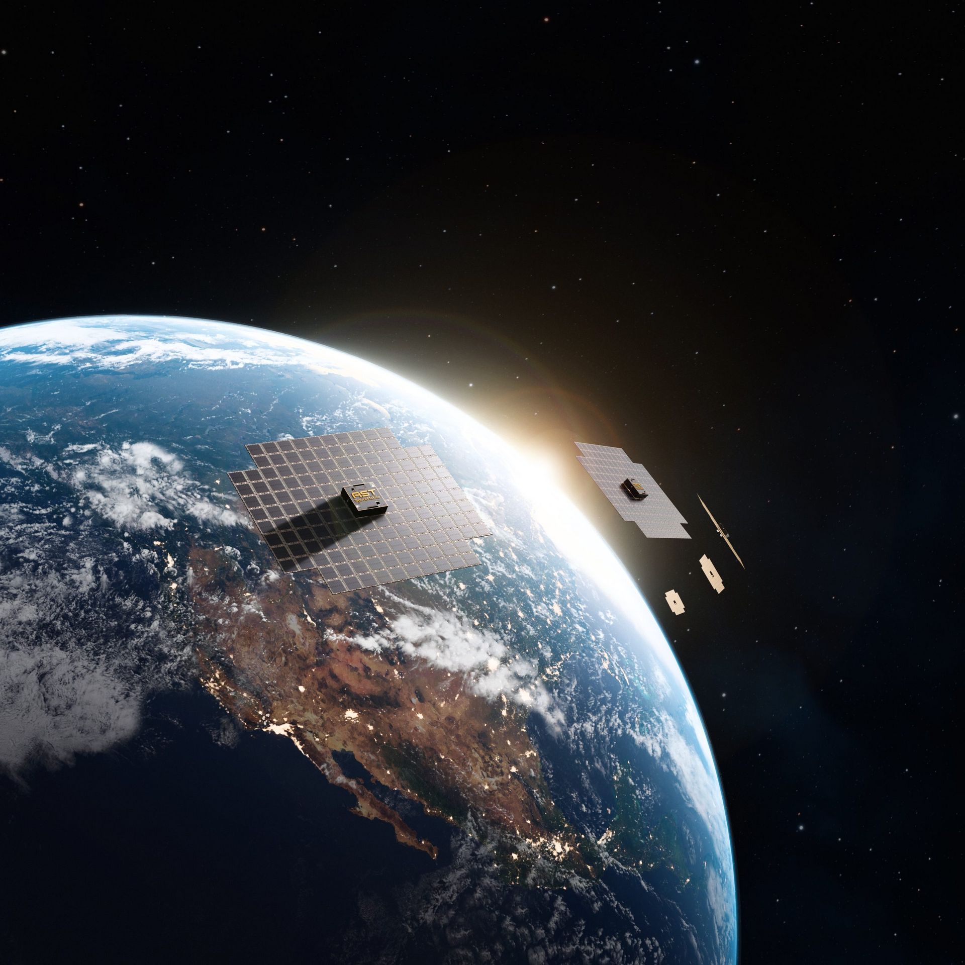 A rendering of AST SpaceMobile's five first-generation, Block 1 BlueBird commercial satellites in LEO. The spacecraft are designed to provide space-based cellular broadband service to unmodified mobile phones. 