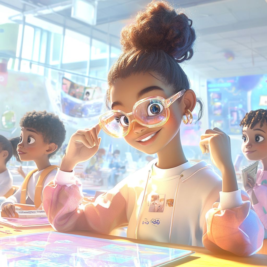 A vibrant illustration of a cheerful student wearing oversized, transparent glasses with glowing accents, sitting in a futuristic classroom. The student has curly hair tied in a high bun and is dressed in a pastel hoodie. The classroom features high-tech elements, including holographic screens and colorful, immersive lighting, with other students engaged in learning activities in the background. The scene captures a lively, innovative educational environment.
