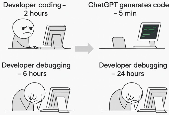 Cartoon illustrating coding vs. debugging time: a developer codes for 2 hours, followed by 6 hours of debugging. When ChatGPT generates the code in 5 minutes, debugging expands to 24 hours, showing increased frustration.