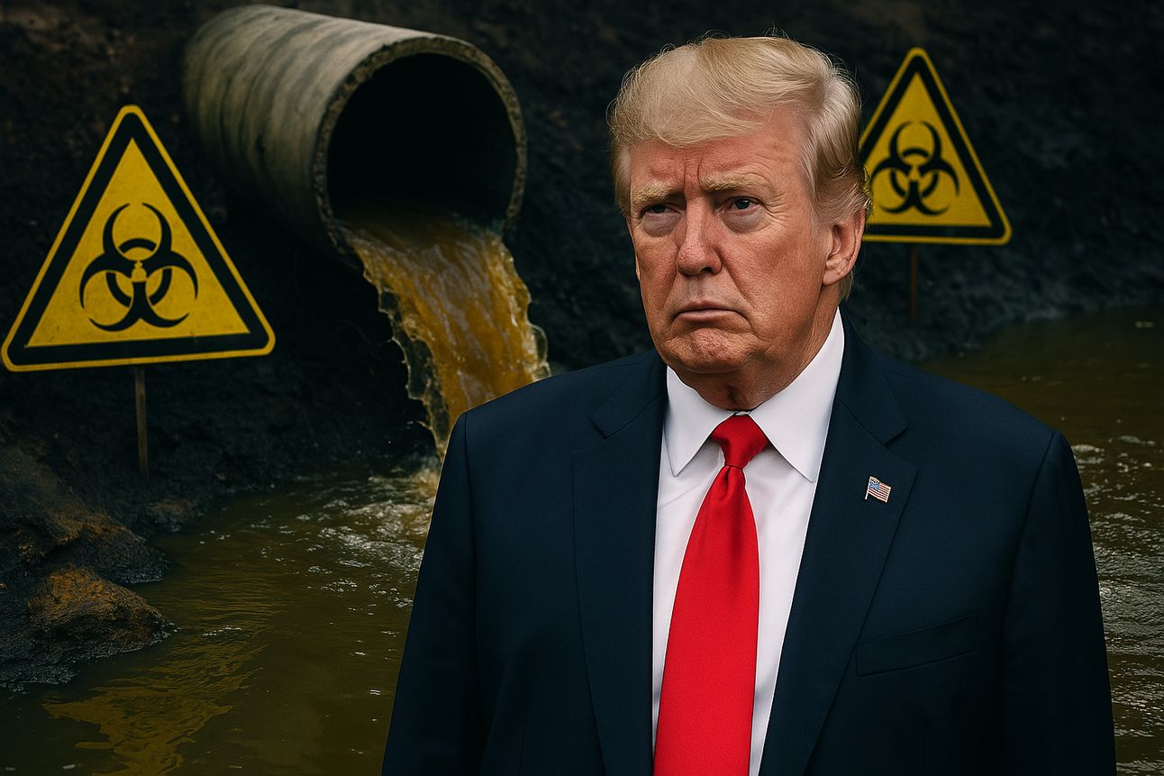 Former President Donald Trump stands in front of a large concrete pipe discharging brown sewage water into a murky stream. Two prominent yellow biohazard warning signs are visible in the background, signaling environmental danger. Trump appears stern and serious, dressed in a dark suit with a bright red tie and a small American flag pin. The setting suggests pollution and contamination, contrasting sharply with his formal appearance.