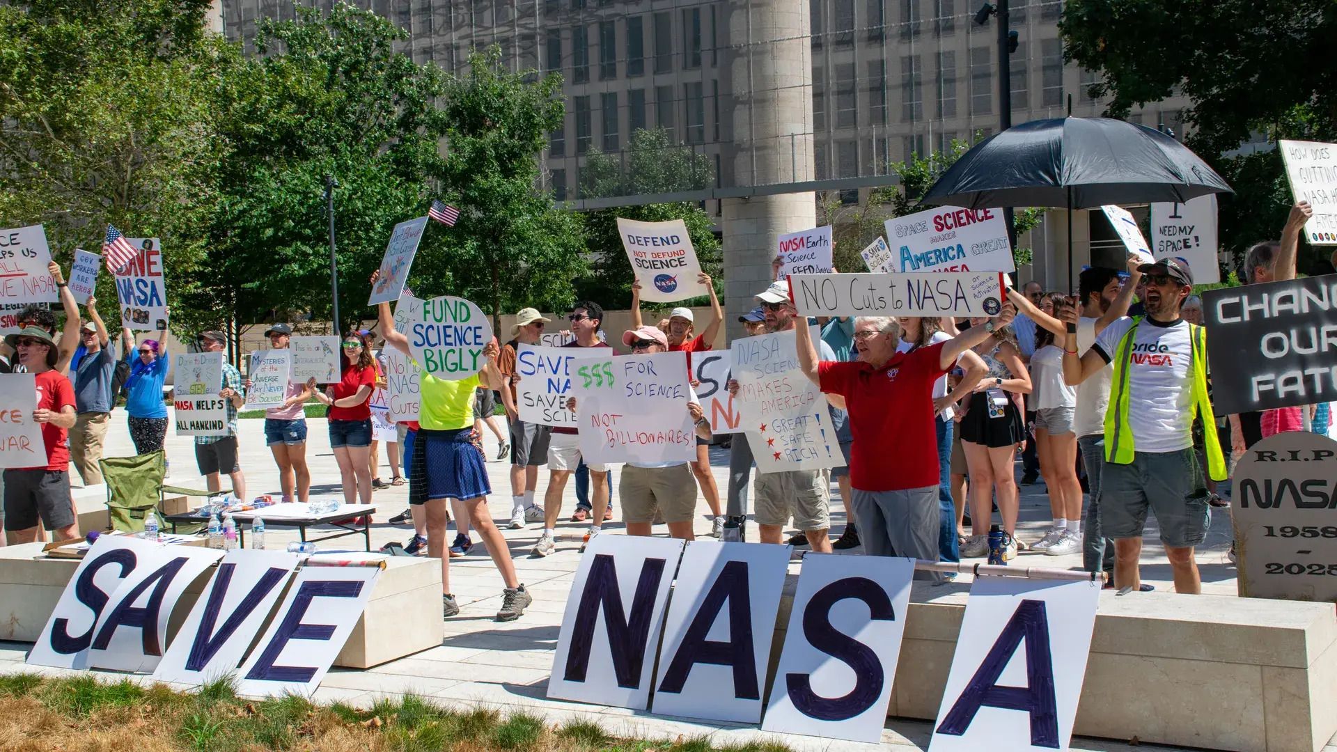 Supporters including NASA staff, contractors, and families assembled near the Smithsonian Air and Space Museum on July 20. 