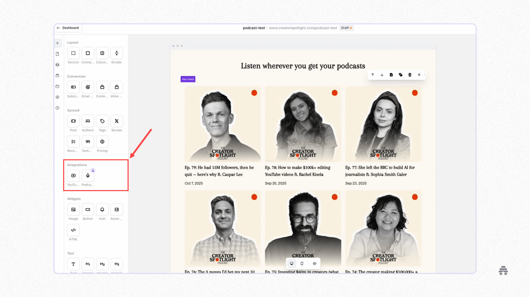 Screenshot of the beehiiv dashboard showing the newsletter editor with podcast and YouTube integration options highlighted, demonstrating how creators can embed podcast episodes into their newsletter layout.