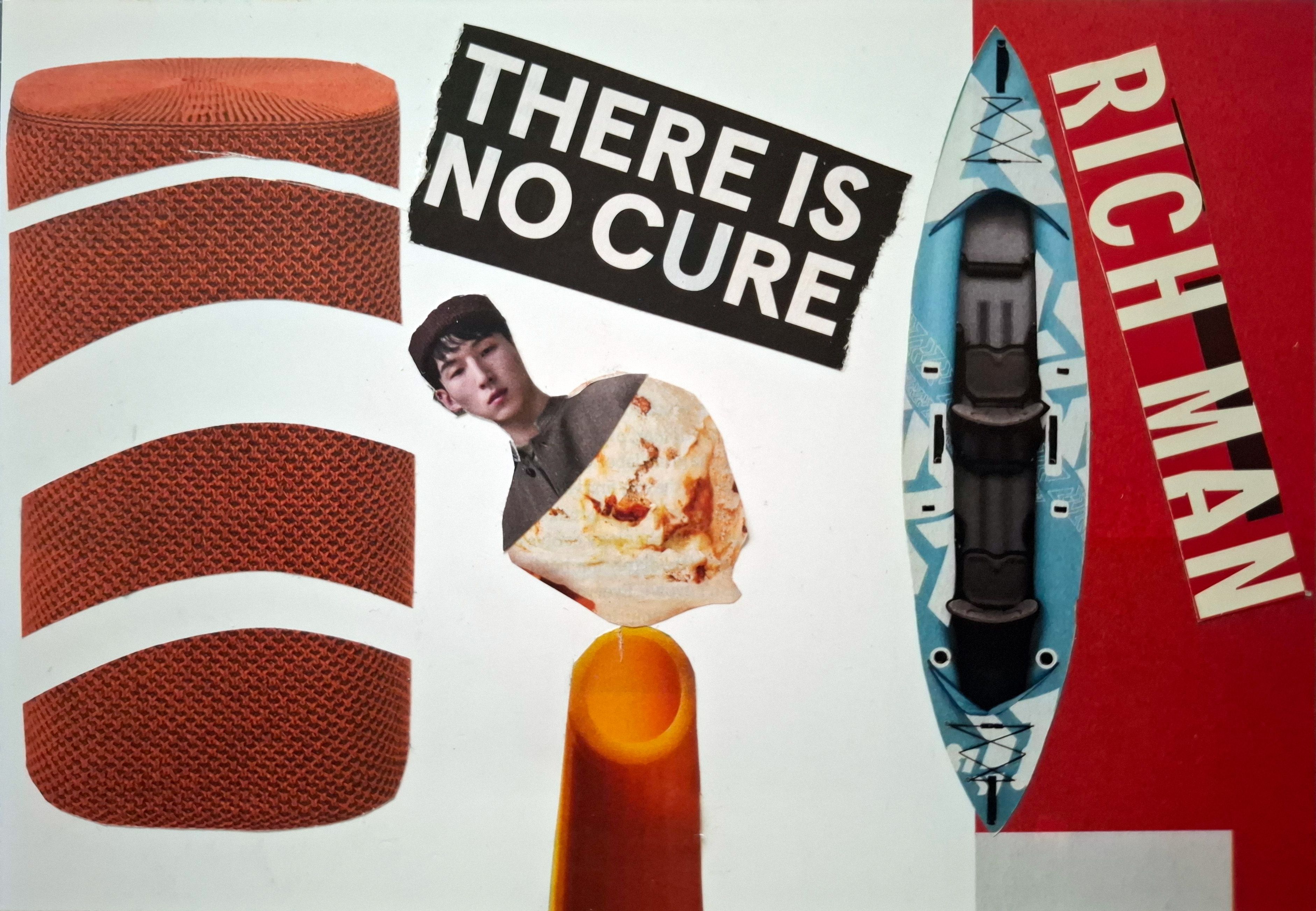 Collage with a dissected orange device, mans head on icecream, kayak, funnel top and text saying there is no cure rich man