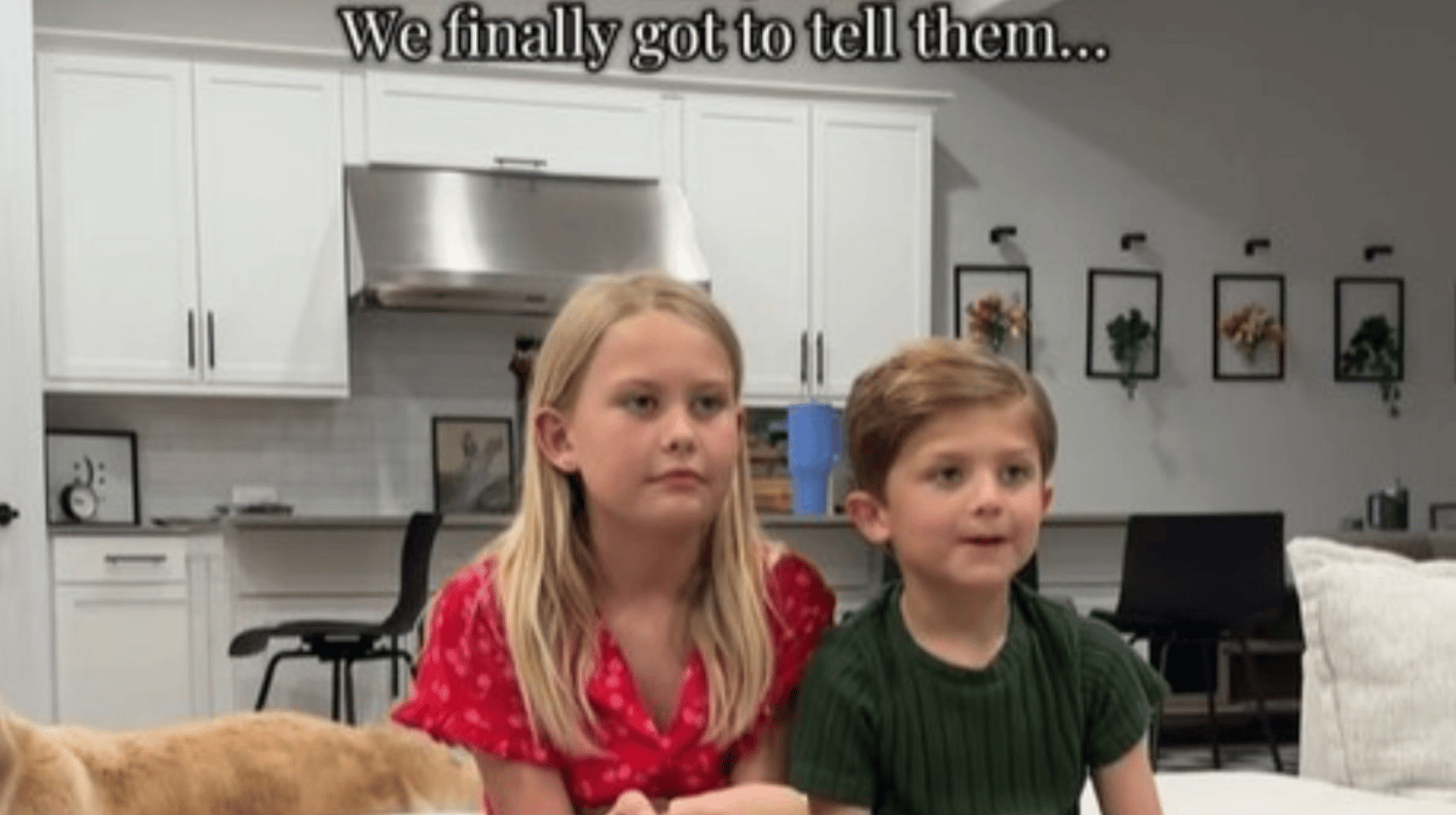 Image shows two children sitting while their parents tell them about a baby surprise.