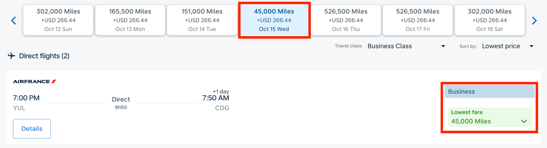 Montreal to Paris for 45,000 miles in business class