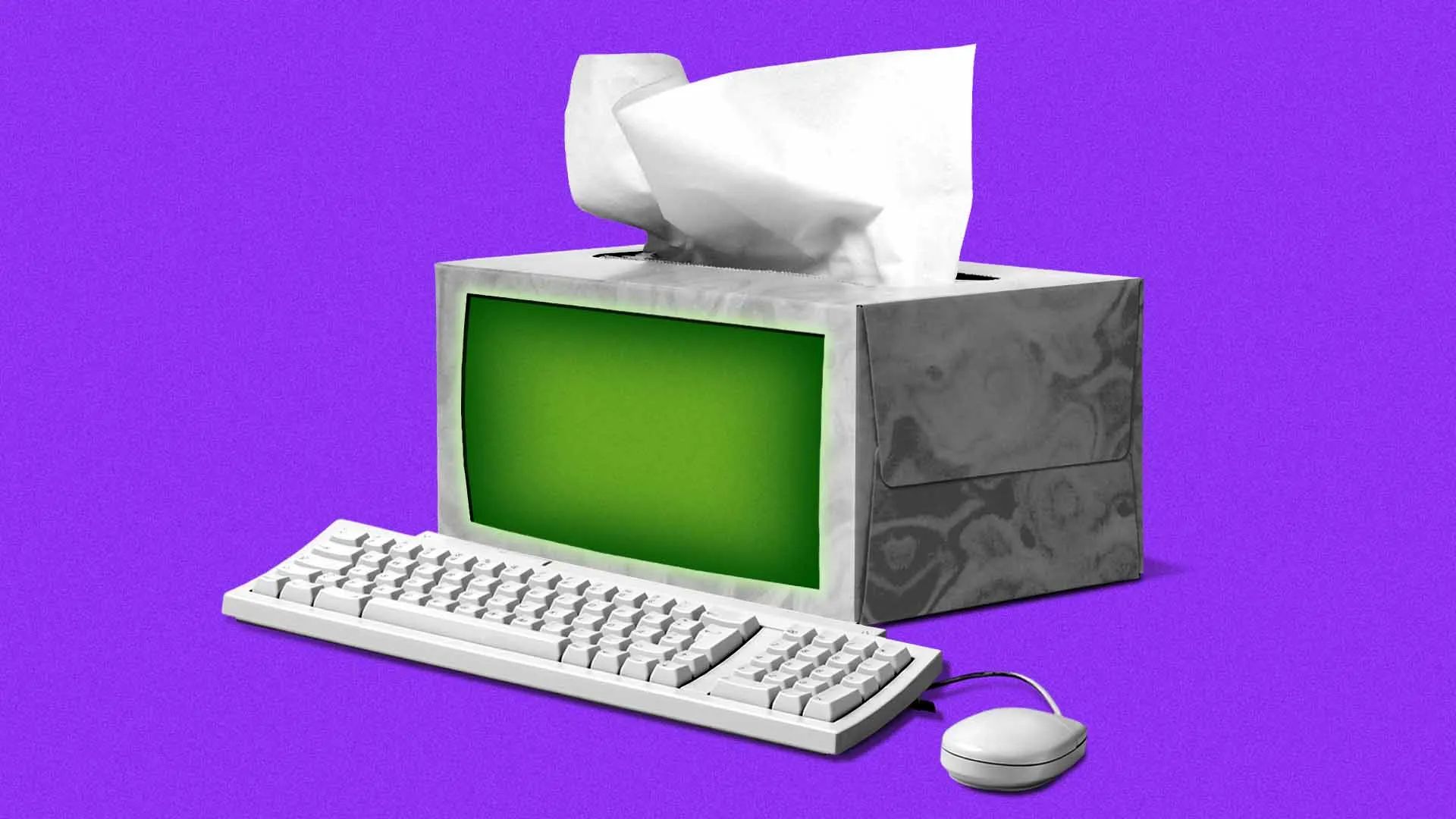 A computer shaped like a tissue box with a green screen and tissues coming out the top, alongside a keyboard and mouse, against a purple background.