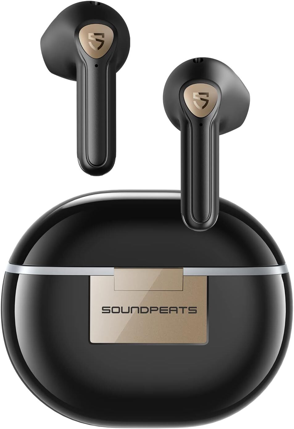 SoundPEATS Air3 Deluxe HS Semi-in-ear earbuds with a glossy white finish, laid out next to a smartphone—comfortable and lightweight for all-day wear.