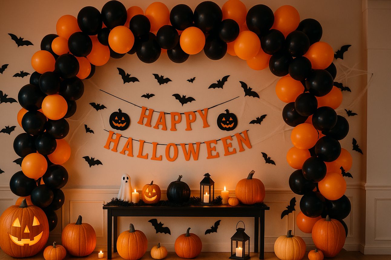 A Halloween party setup featuring a black and orange balloon arch framing a “Happy Halloween” banner, with carved pumpkins, candles, black bats on the wall, and festive decorations arranged on and around a black table against a beige wall with light wood flooring.
