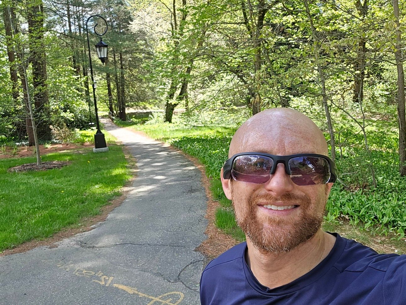 A selfie of me in front of a paved path through a forest on a bright, sunny day. On the right of the path is a bit of grass, a newly planted tree, and a black, old-fashioned street lamp that comes to a curl at the top, with the lantern hanging from the curl. I'm a bald, middle-aged, white man with a red beard flecked with white. I'm wearing black sunglasses and a dark blue running shirt.