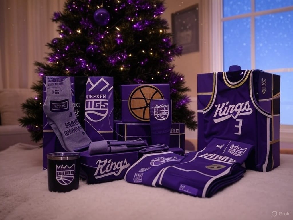 A royal cover art illustration showcasing Sacramento Kings-themed gifts: a Chris Webber jersey, logo basketball, team socks, and a tumbler, all arranged around a festive Christmas tree in purple and black. Subtle snowflakes and wrapped presents in team colors highlight the reign-through-the-drought vibe.