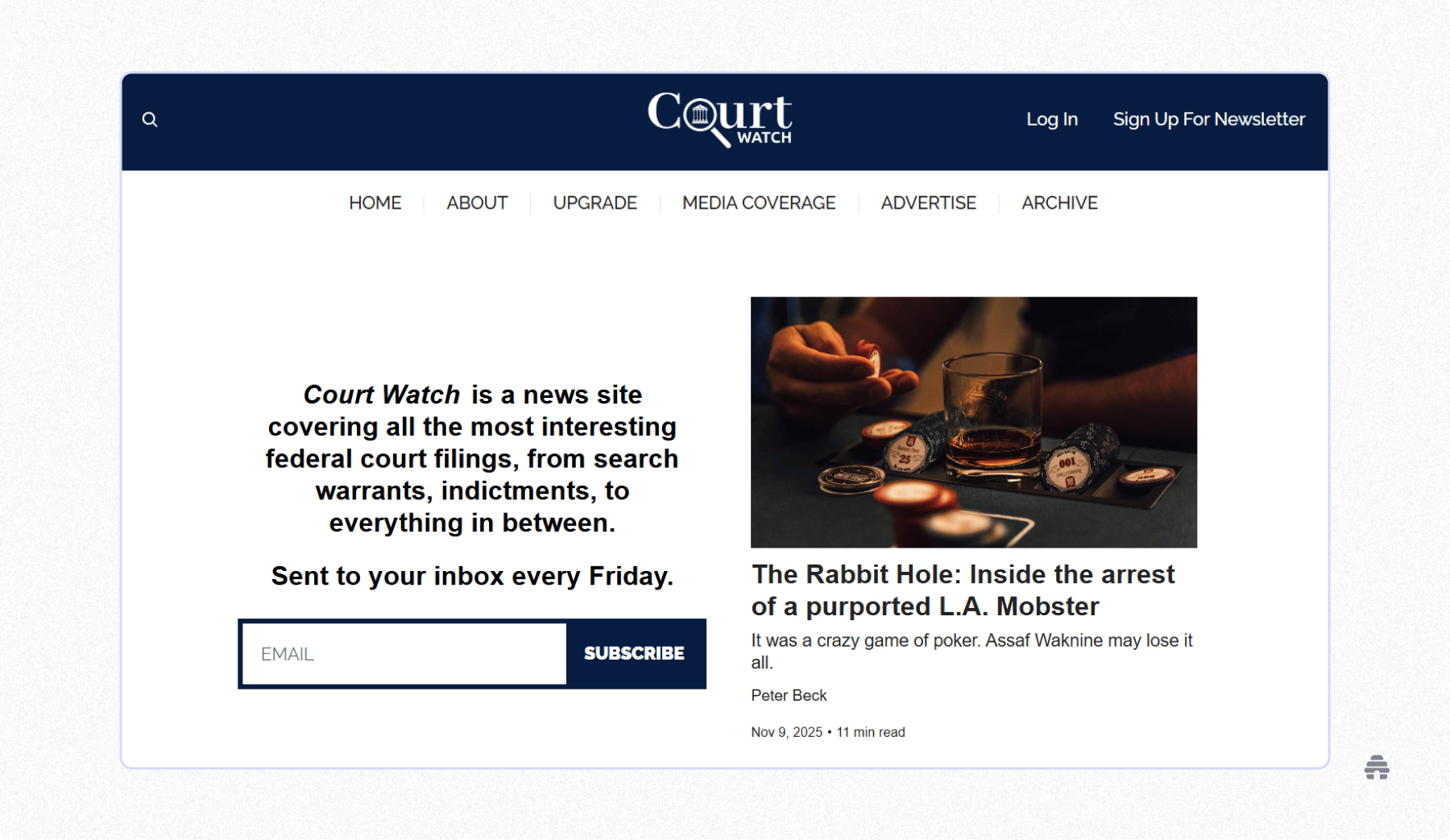 Court Watch homepage featuring a description of the newsletter covering federal court filings and indictments, an email signup box, and a highlighted article titled ‘The Rabbit Hole: Inside the arrest of a purported L.A. Mobster