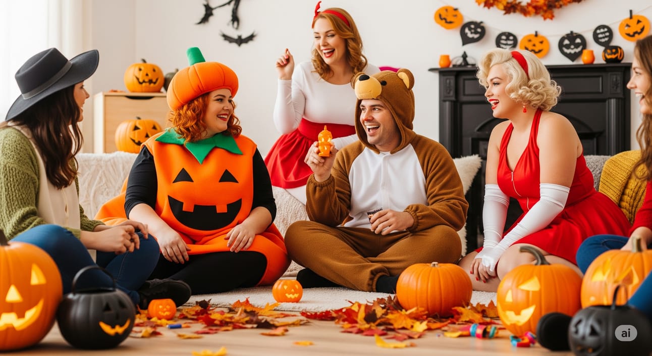 A 16:9 image depicting a group of plus-size people at a relaxed get-together, all wearing cute Halloween costumes. Costumes include pumpkins, various animals, and retro pop culture icons.