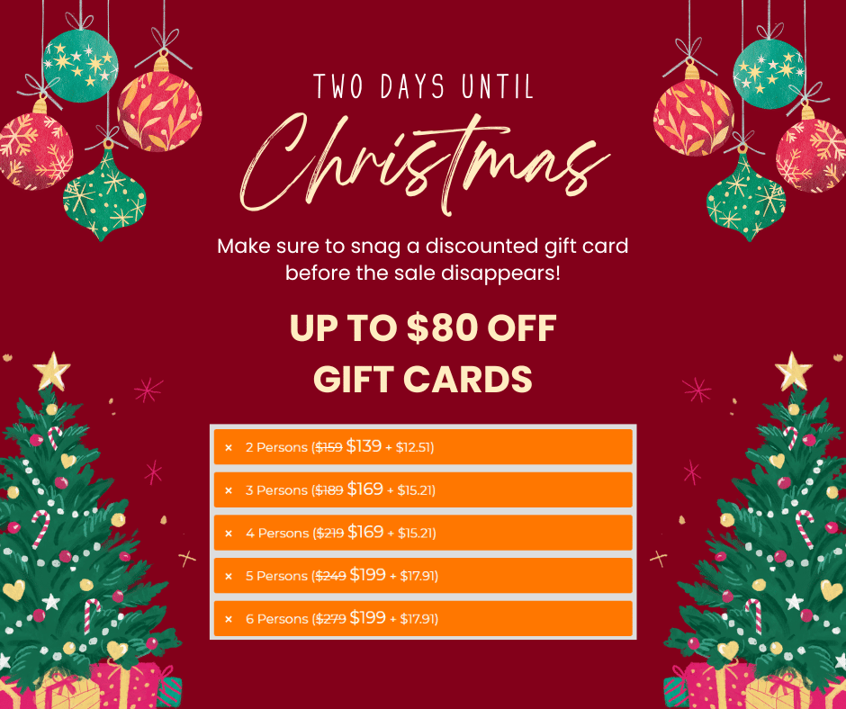 A dark red background post that reads "Two days until Christmas. Make sure to snag a discounted gift card before the sale disappears! Up to $80 off gift cards." Underneath the text is an image of each gift card with slashed pricing. Around the image is two christmas trees with presents and red and green ornaments.