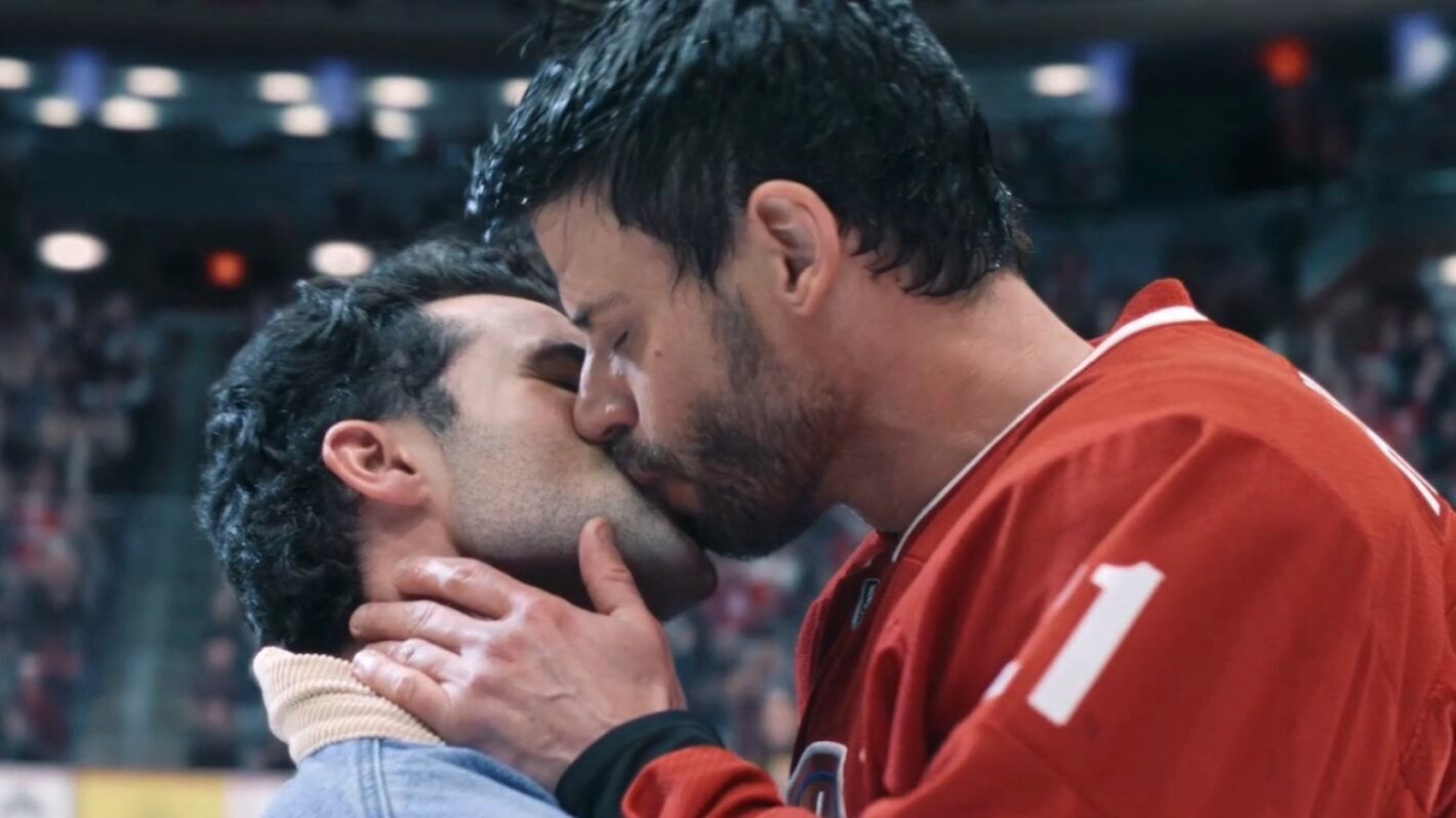 Scott and Kip kissing on the ice in Episode 5 of Heated Rivalry.