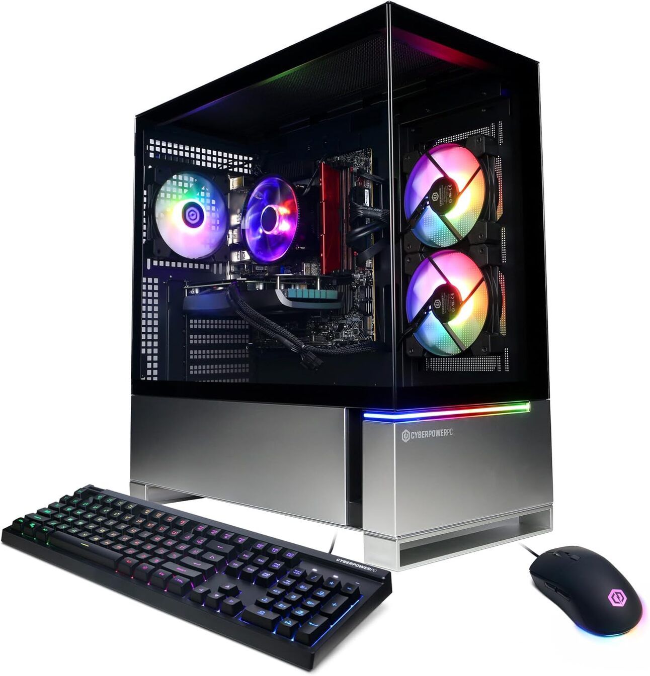 CyberPowerPC Gamer Xtreme – The Budget-Friendly Champion A compact desktop PC with subtle RGB lighting and a transparent side panel, shown on a beginner’s setup with a single monitor and a colorful mousepad.
