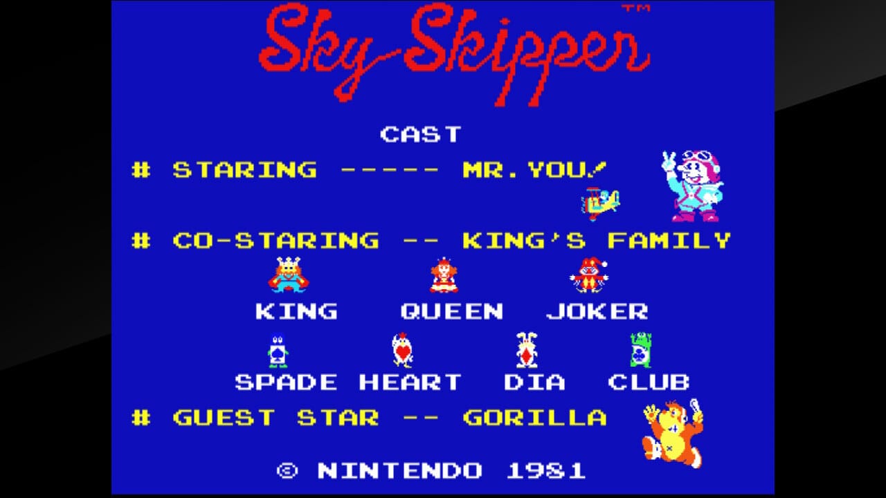 A screenshot of the character introduction screen from Sky Skipper, that includes a typo: "staring: when they meant "starring"