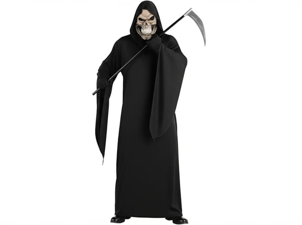 Digital illustration of the Grim Reaper standing facing forward, holding a scythe across its body. The figure is wearing a black hooded robe and a skull mask. The image has a clean, modern, and professional aesthetic, set against a solid white background in a 16:9 landscape aspect ratio suitable for web use.