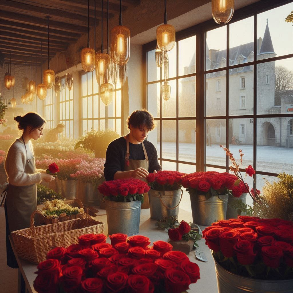 Interior of a charming French flower shop filled with red roses on Valentine's Day morning, with two florists arranging bouquets together as winter light filters through the window.