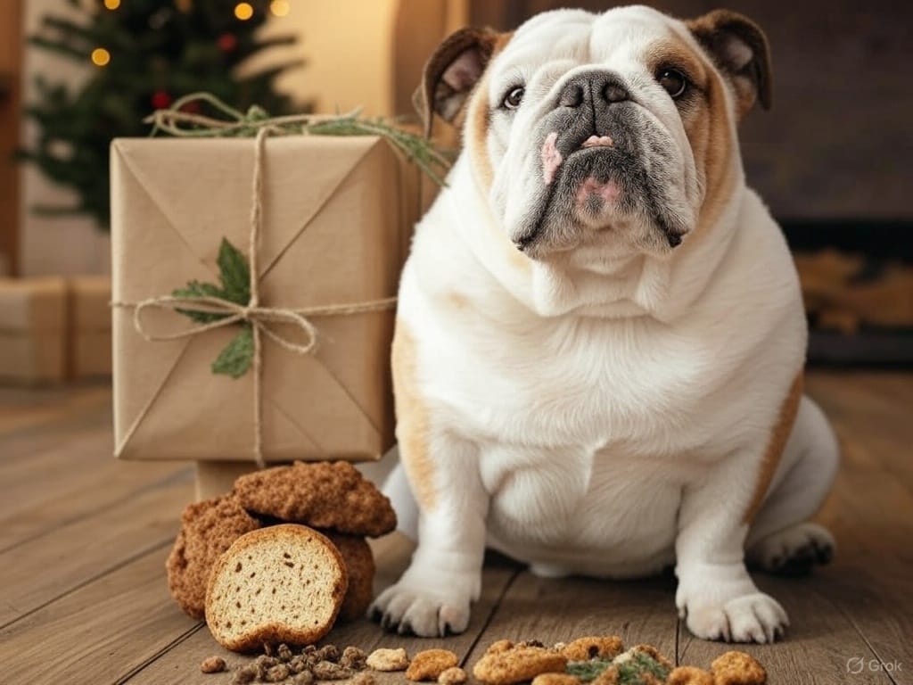 An English bulldog sits beside a gift box wrapped in kraft paper, tied with twine and decorated with a sprig of greenery, in a festive living room. The dog is surrounded by eco-friendly pet toys, including a red plush toy and a blue chew toy, and treats like homemade biscuits and a bowl of natural snacks on a light-colored rug. A small, decorated Christmas tree with twinkling lights and red ornaments glows in the background, creating a warm holiday atmosphere. Additional kraft paper-wrapped gifts and a cozy couch add to the scene's charm.